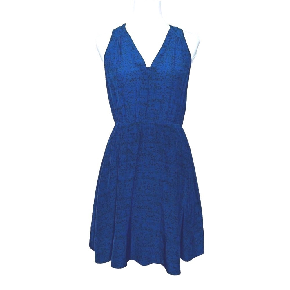 Rebecca Taylor Silk Dress 2 Sleeveless Luxury Abstract V-Neck Royal Blue Black